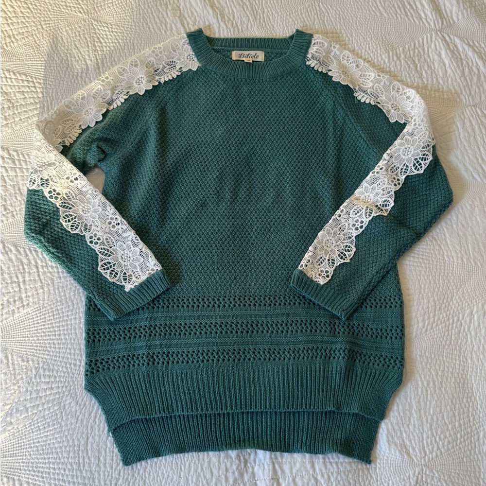 Style & Co. Teal Sweater with White Lace Accents